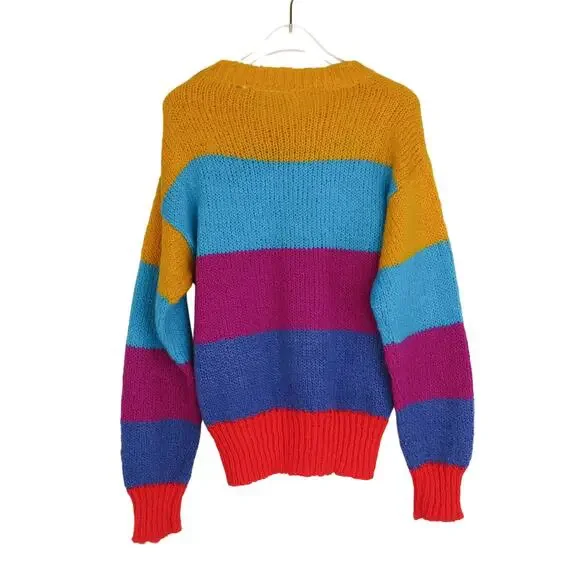 1950s GOTHAM Vintage Multicolor Rainbow Striped Knit Crewneck Sweater Medium - Picture 2 of 5